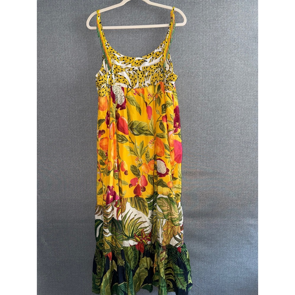 Farm Rio XL Maxi Mixed Prints Dress Yellow Tropical Fruit Beaded Fringe Straps - Picture 3 of 14